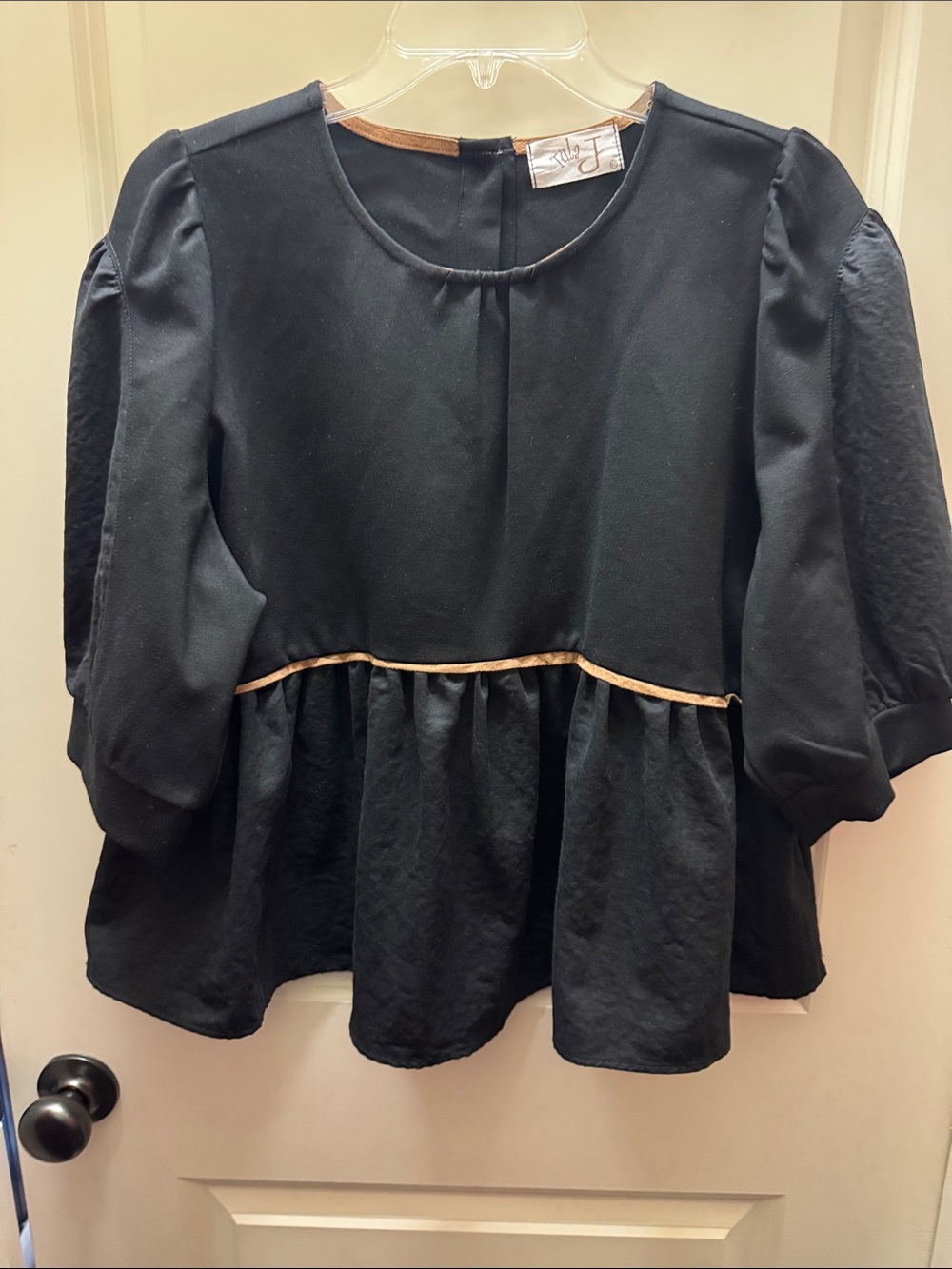 Black Peplum Tunic with Tan Trim
